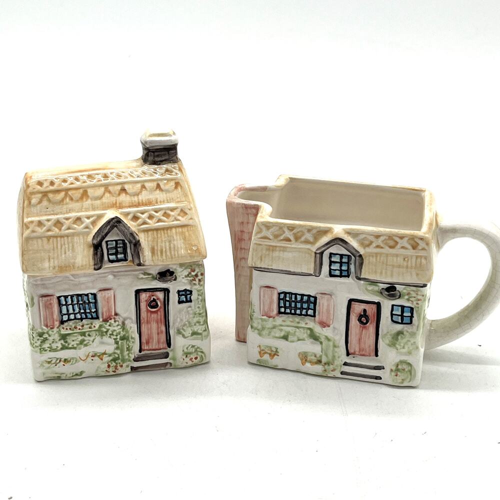 Vintage Annie Rowe Summer Cottage Creamer Sugar Bowl Lid Ceramic Village Set
